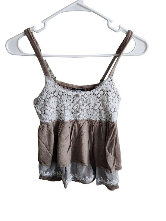 Tops - Vintage Y2K Rue 21 Womens Sz S Cropped Ruffled Tank Top Crochet Brown White